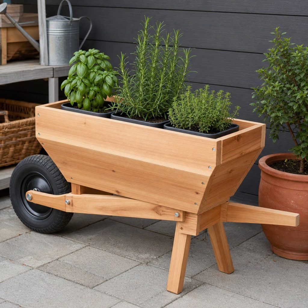 Small stationary wheelbarrow planter with herbs in removable pots on patio