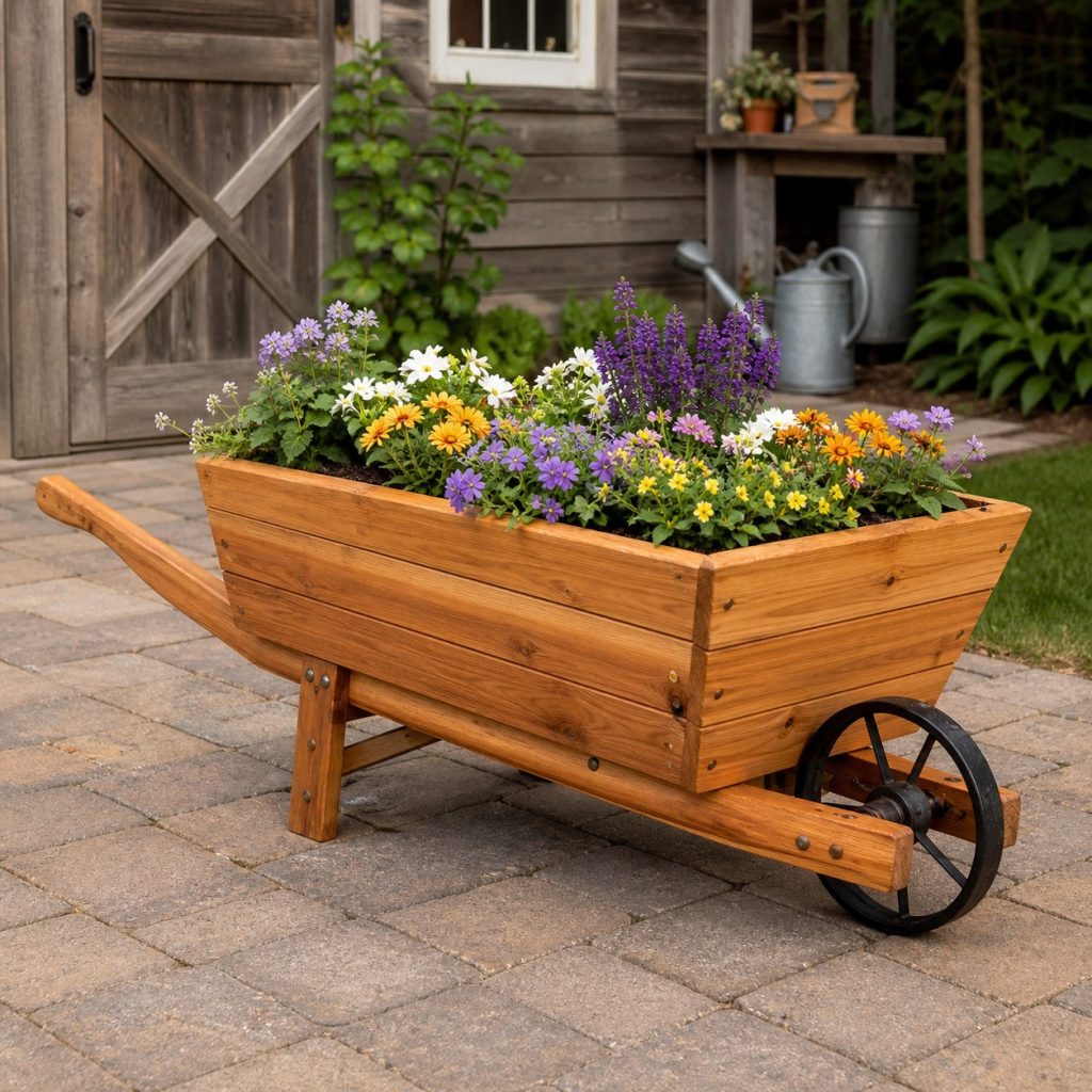 Large wheelbarrow-style cedar planter with deep lined box and mixed annual flowers