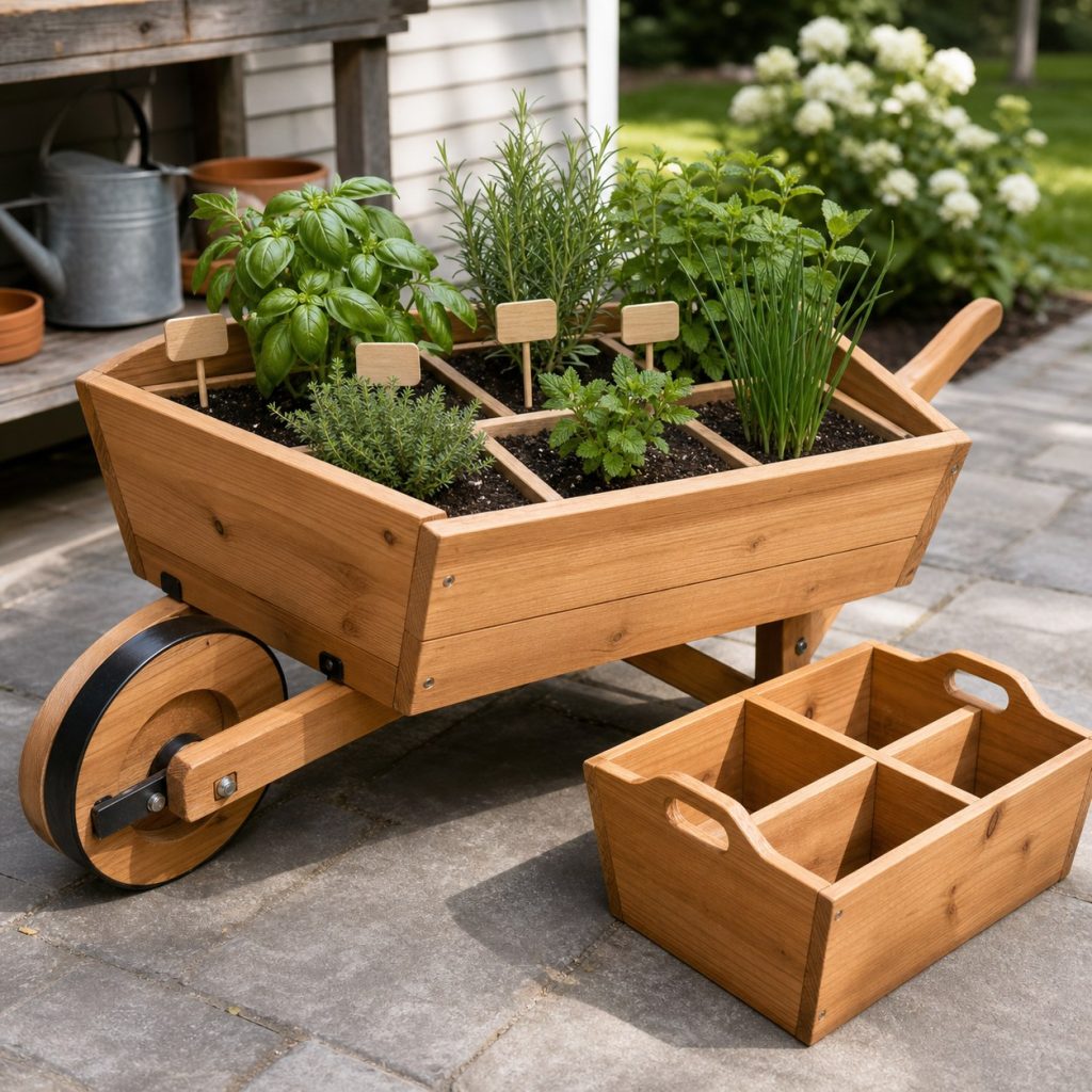 Wooden wheelbarrow planter with removable divided herb containers and labels