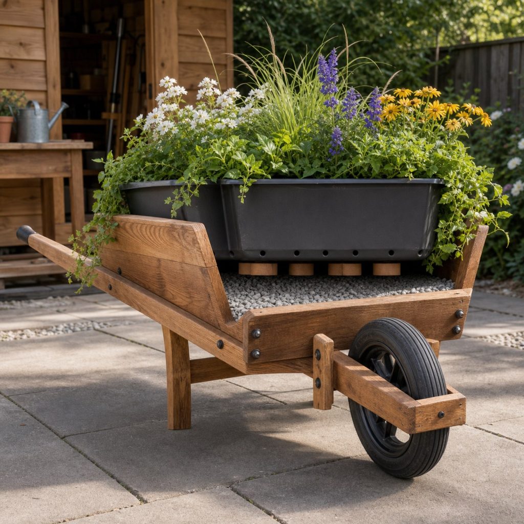 Wheelbarrow planter showing lifted rigid inner liner drain holes and air gap