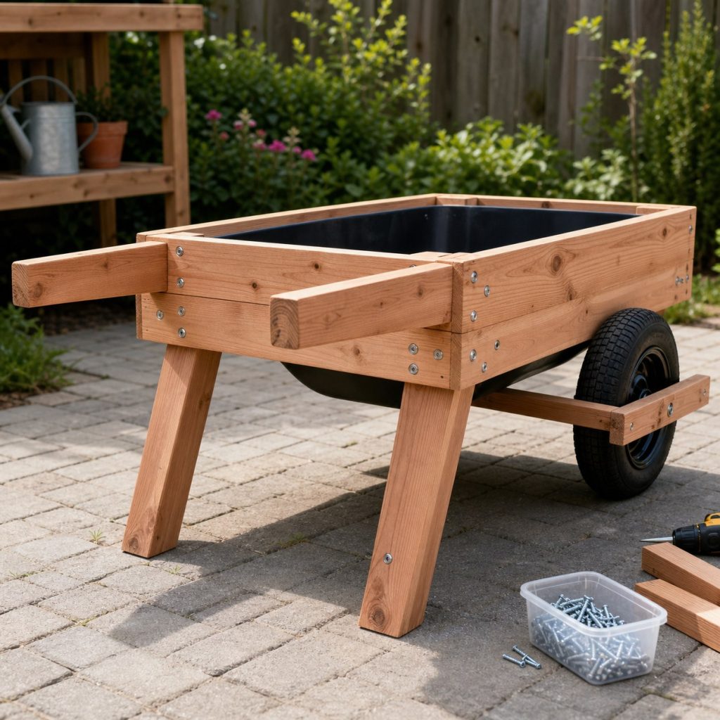 Wheelbarrow planter frame under assembly with paired handles cross rails and rear legs