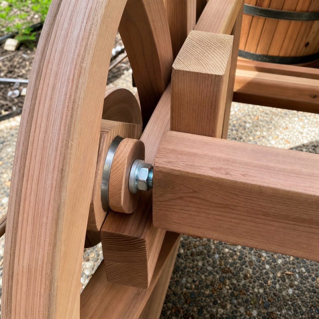 Close view of laminated wooden wheel sealed rim axle bolt and spacer washers