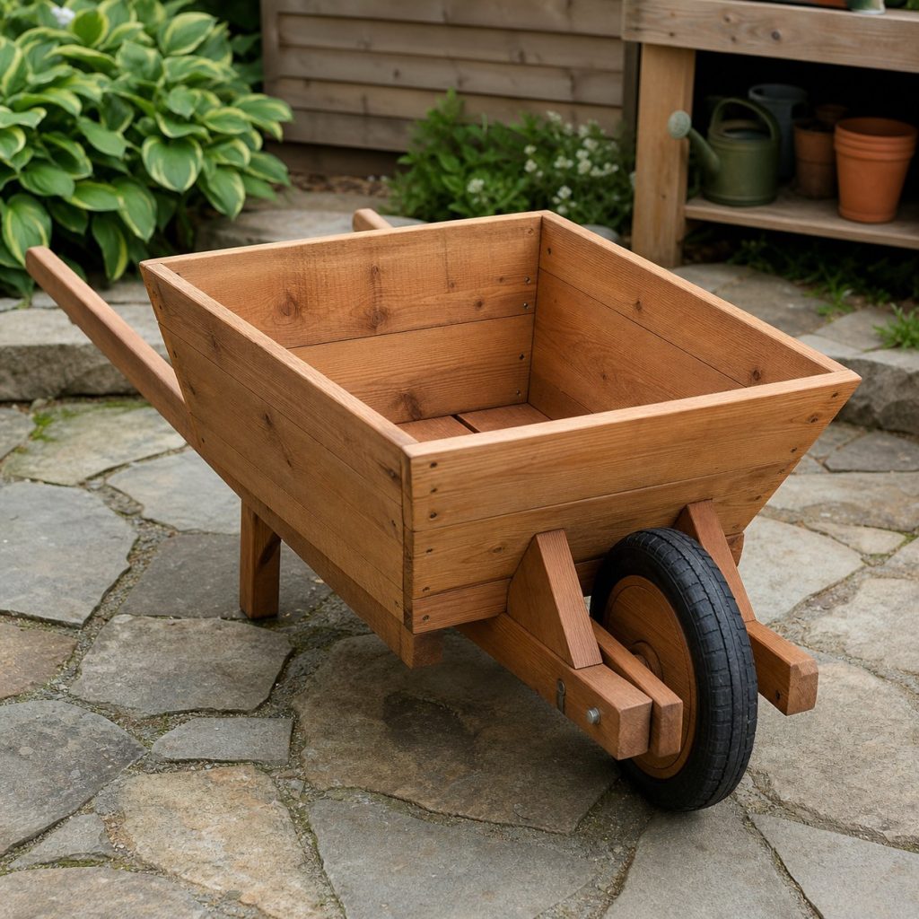 Empty wooden wheelbarrow planter drying with liner removed and drain path visible