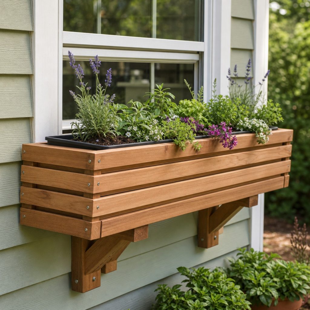 Slatted wooden window box around a removable liner on exterior brackets