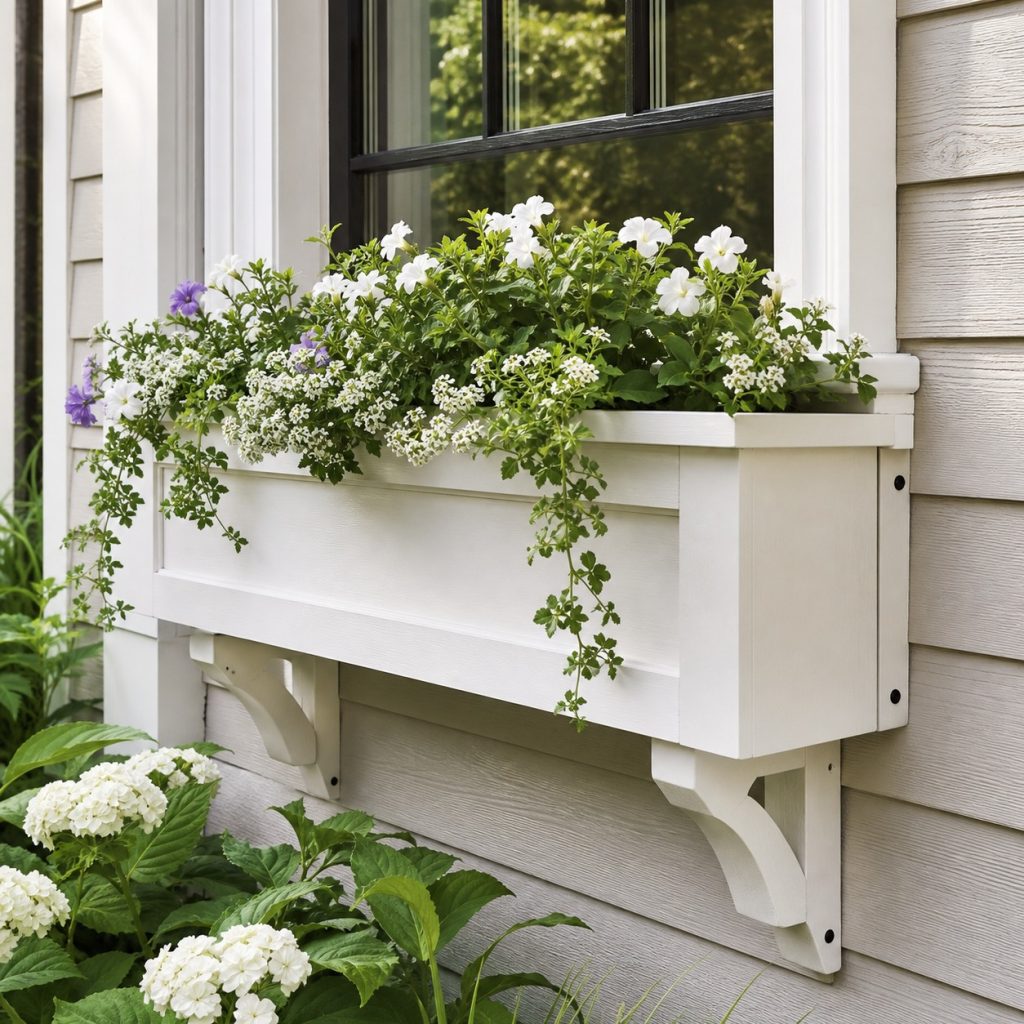 Painted wooden window box with inset front panel and trailing flowers
