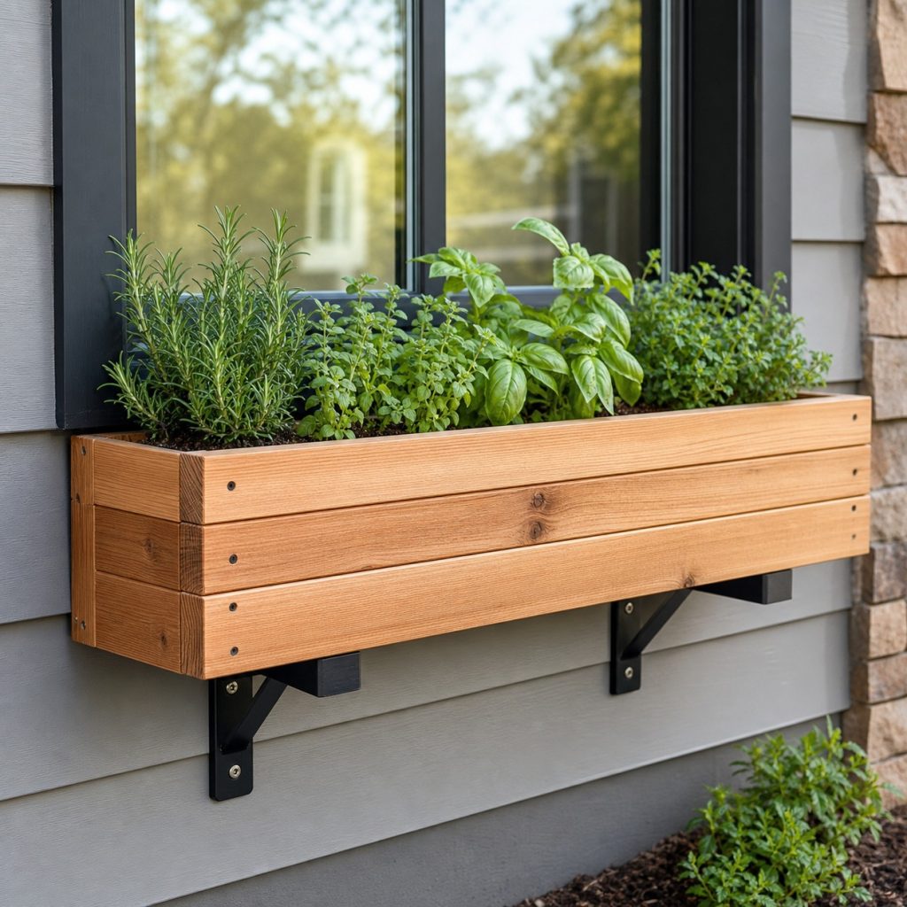 Modern cedar window planter with black brackets and compact herbs