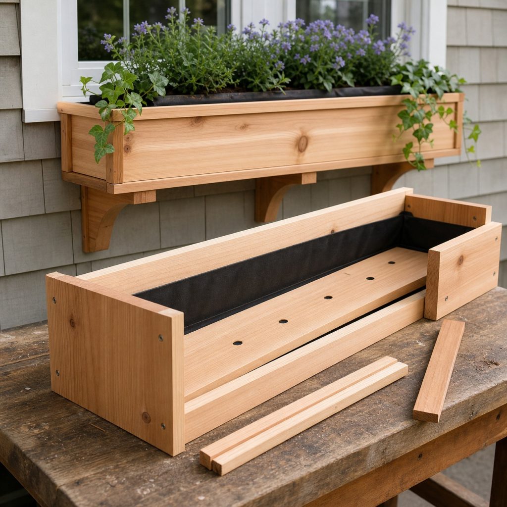 Wooden window-box carcass showing floor drainage and dry-fitted trim