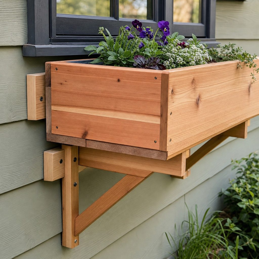 Window box brackets attached at wall framing with drainage spacers