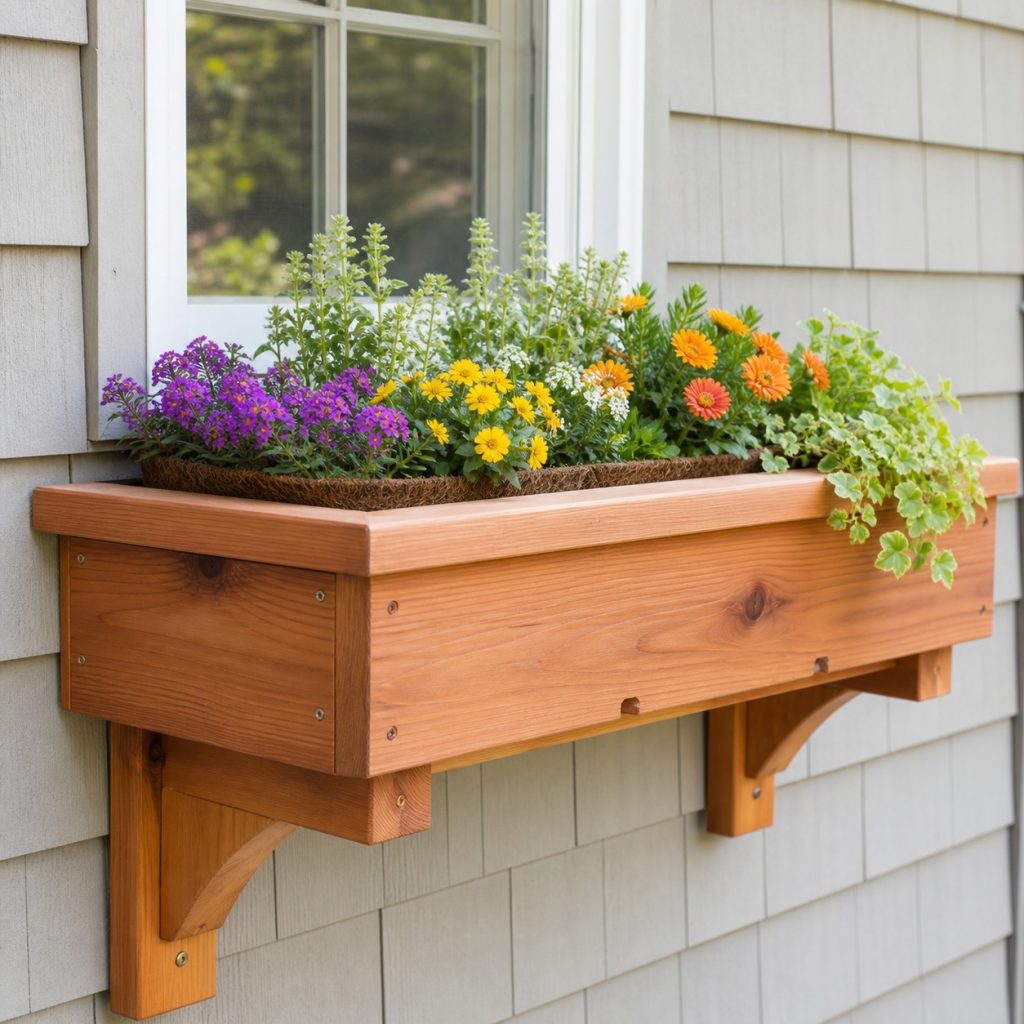 Deep wooden window box with lined soil and compact mixed flowers