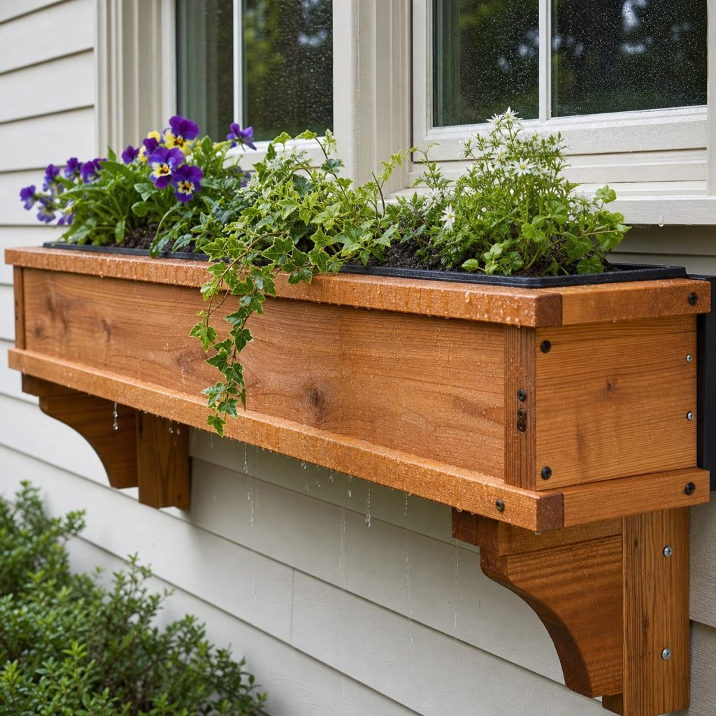 Weathered cedar window box after rain with clear drains and sound brackets
