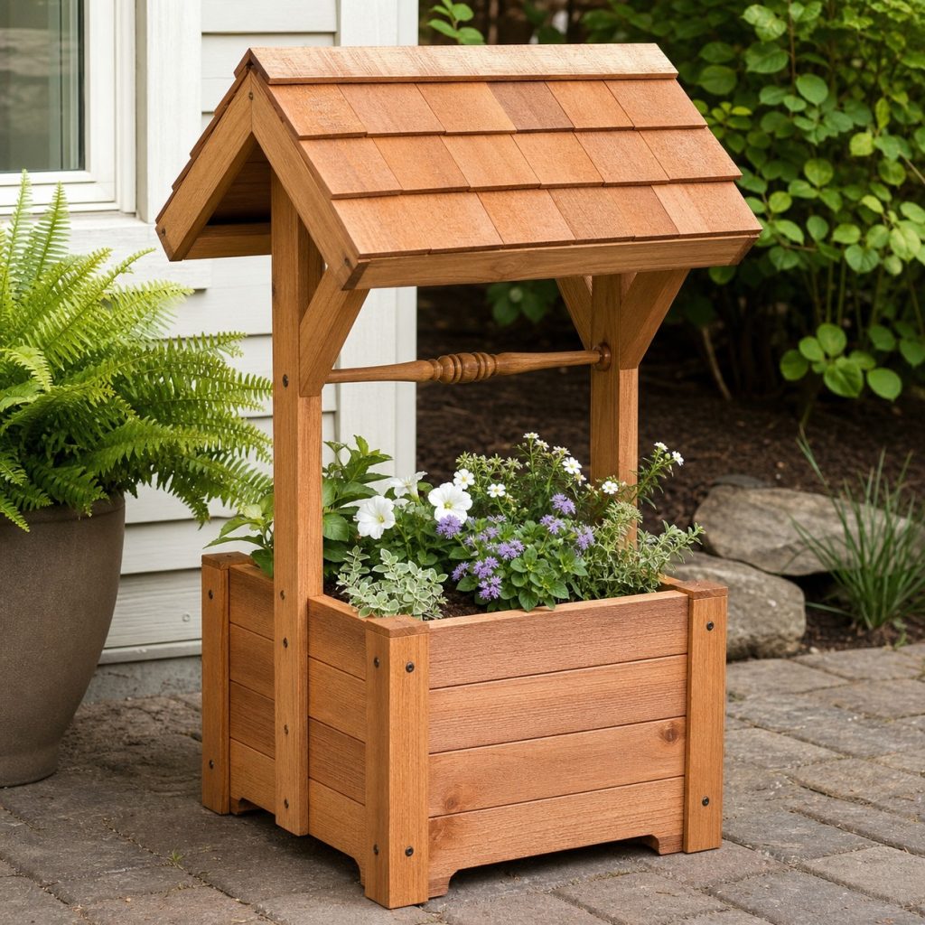 Square wooden wishing-well planter with lined flower box and cedar roof