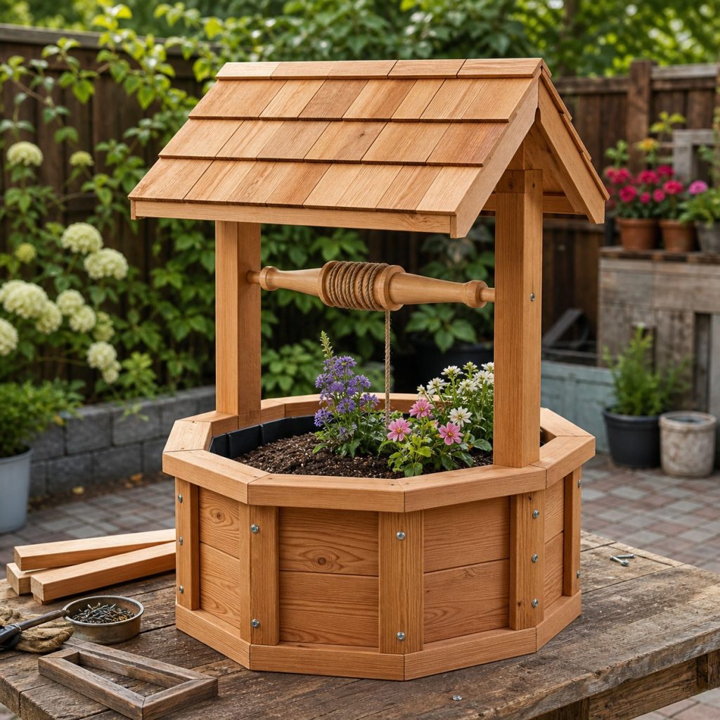 Octagonal wishing-well planter wall segments dry-fitted on a workbench