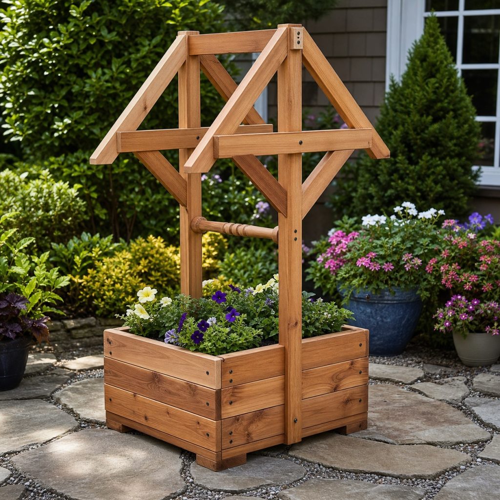 Wooden wishing-well planter frame before roofing with braced posts