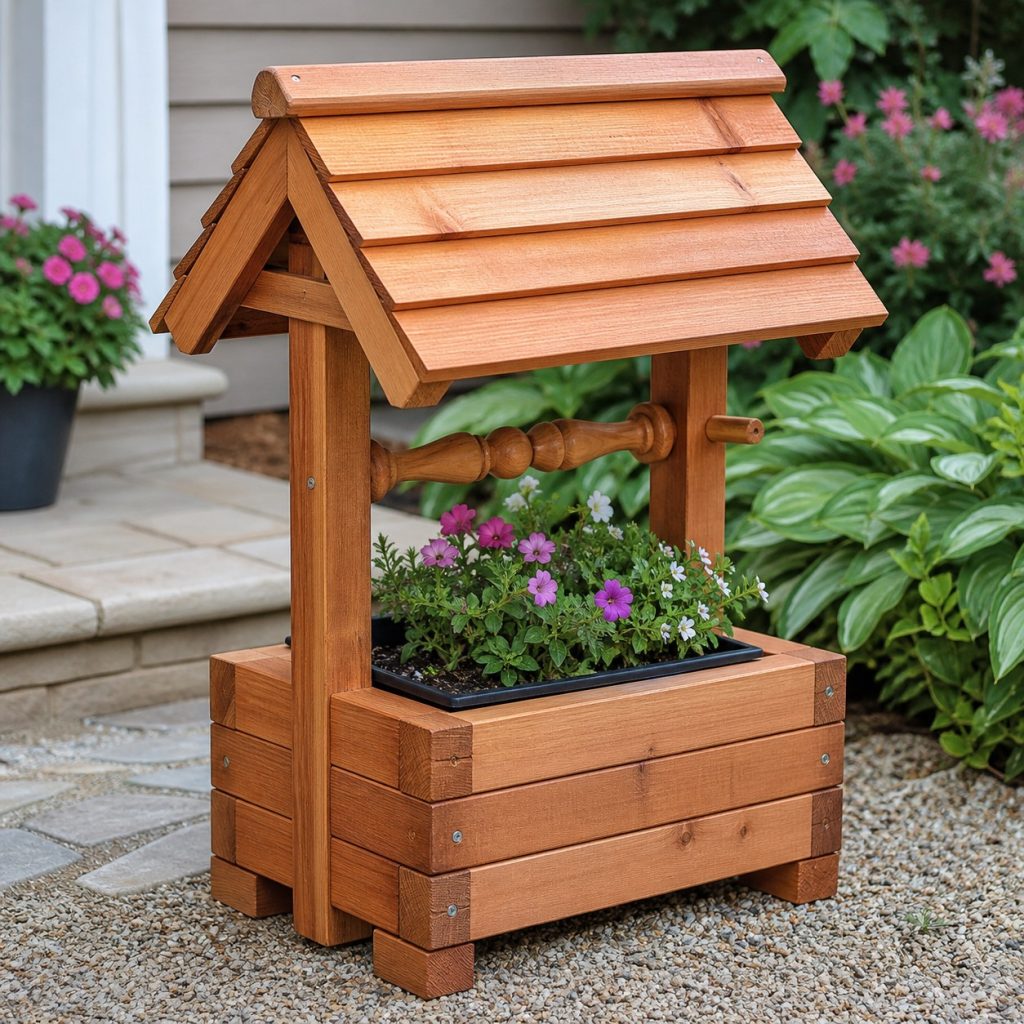 Close view of overlapping cedar roof slats and ridge cap on planter