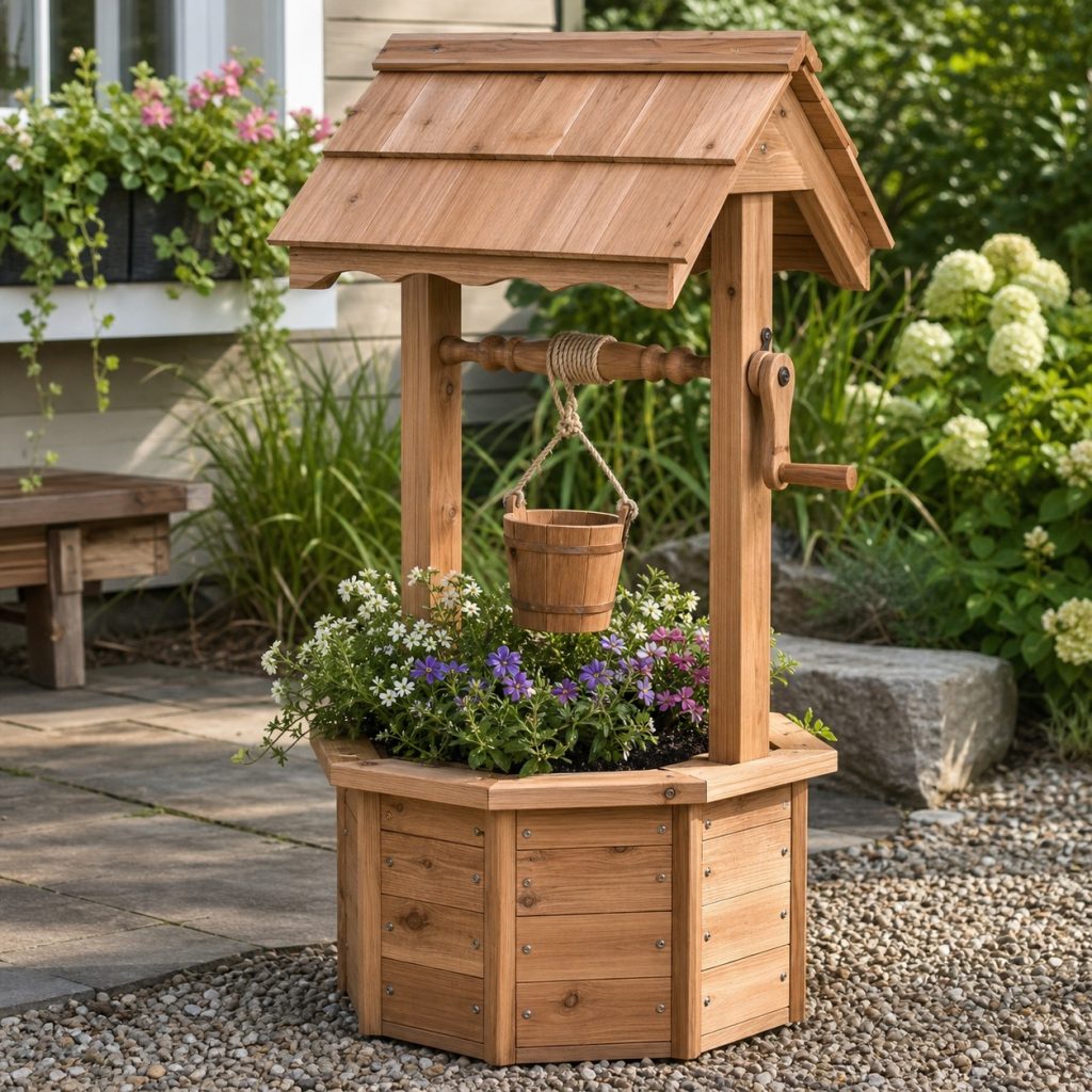 Wishing-well planter with secured spindle and small empty decorative bucket