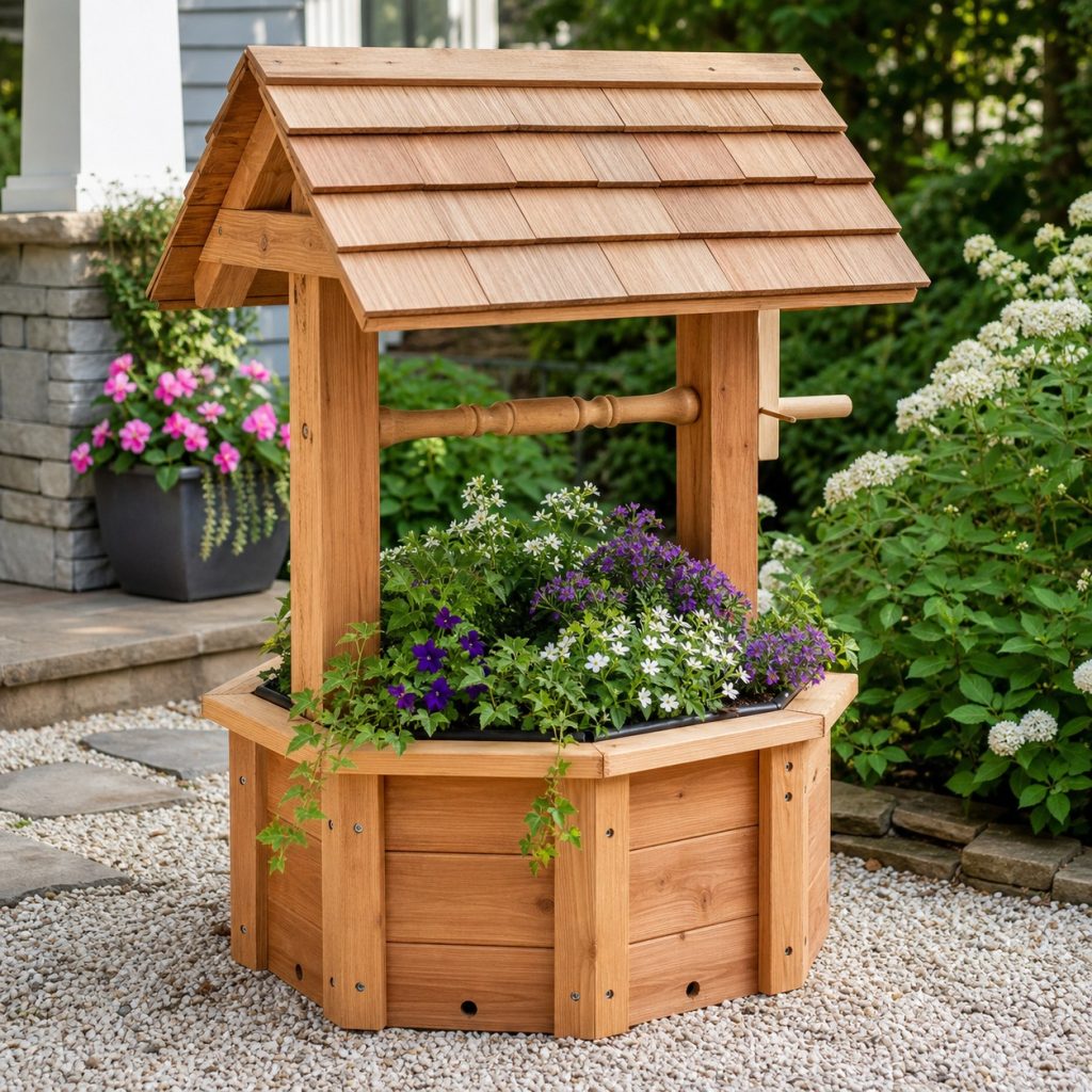 Wooden wishing-well planter with removable lined planting insert