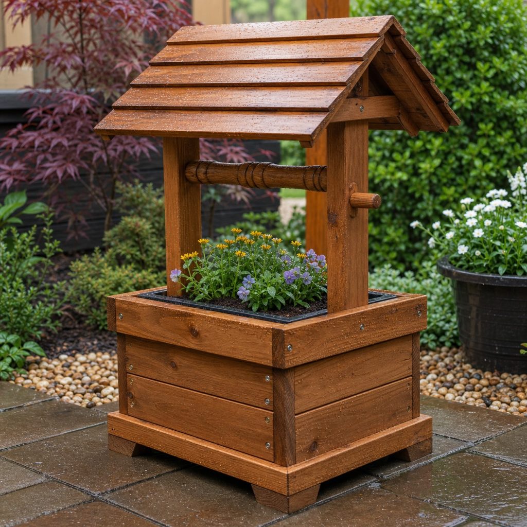 Weathered cedar wishing-well planter on pavers after rain