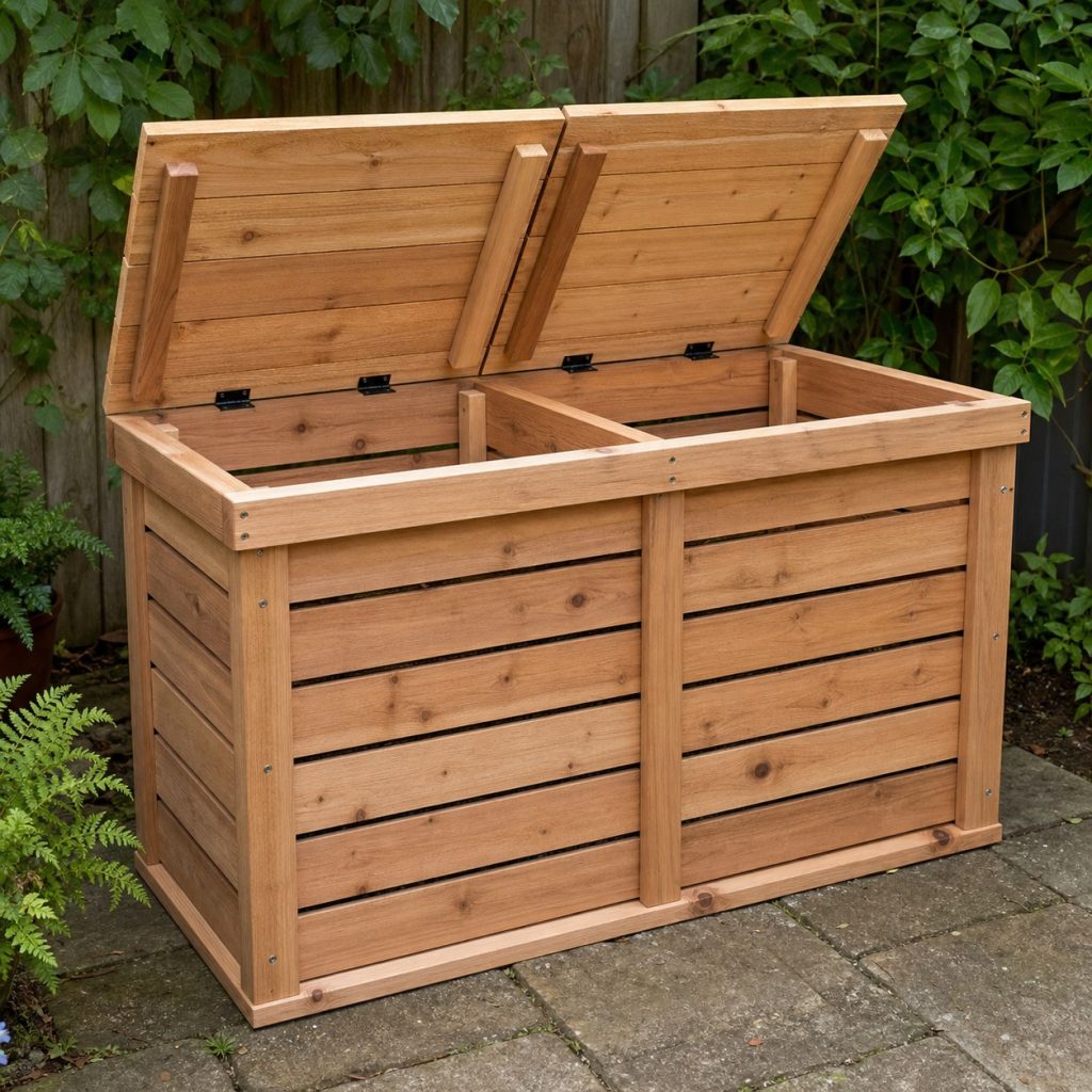 Wooden worm bin divided into two side-by-side compartments with separate lids