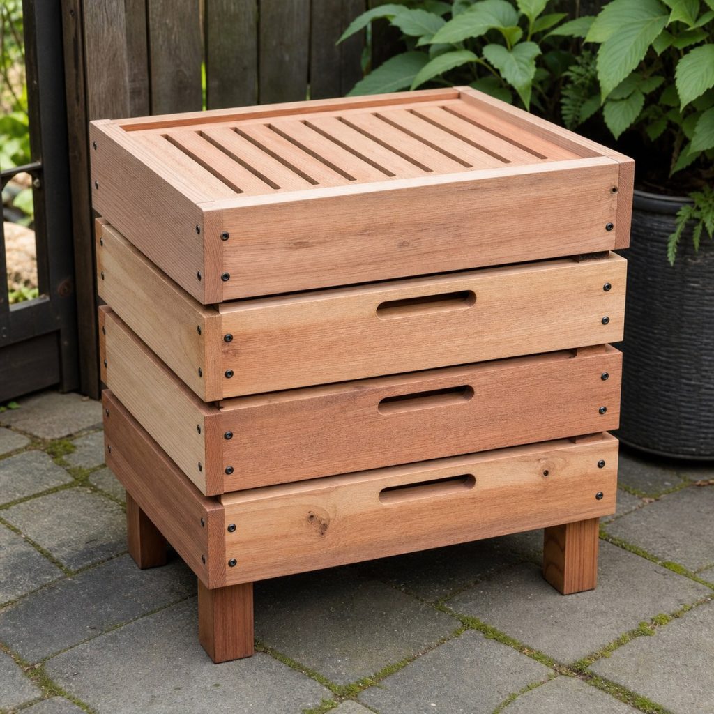 Three shallow wooden worm-compost trays stacked beneath a ventilated top