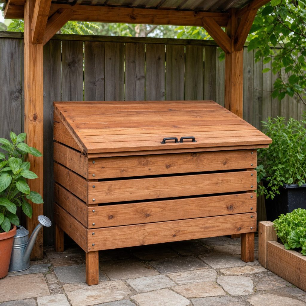 Wooden vermicompost bin on short legs with wide service lid under a shed roof