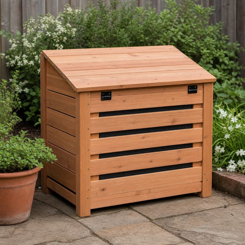 Wooden worm bin with weather-shedding sloped lid and screened vents