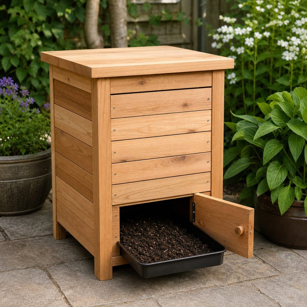 Wooden worm bin with small lower cleanout door open above a removable tray