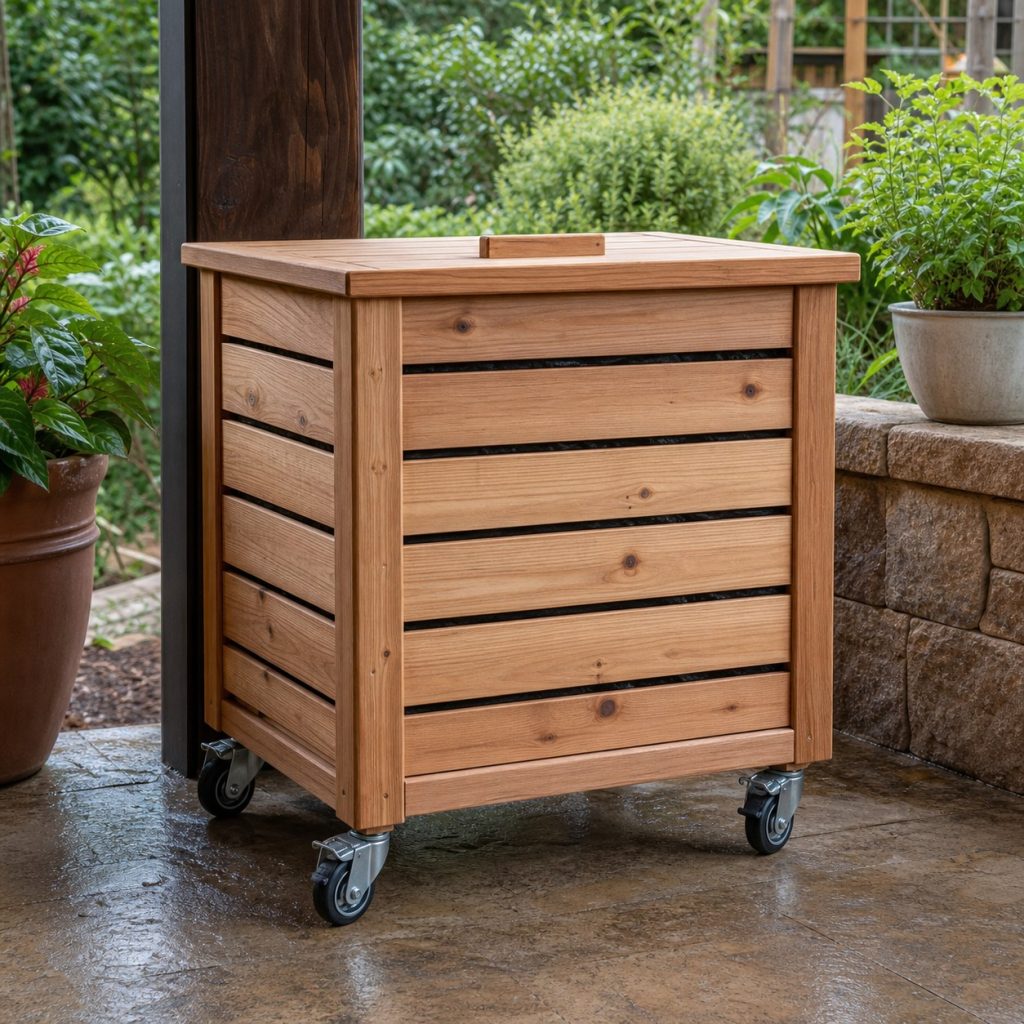 Compact wooden worm bin on four large locking casters under a covered patio