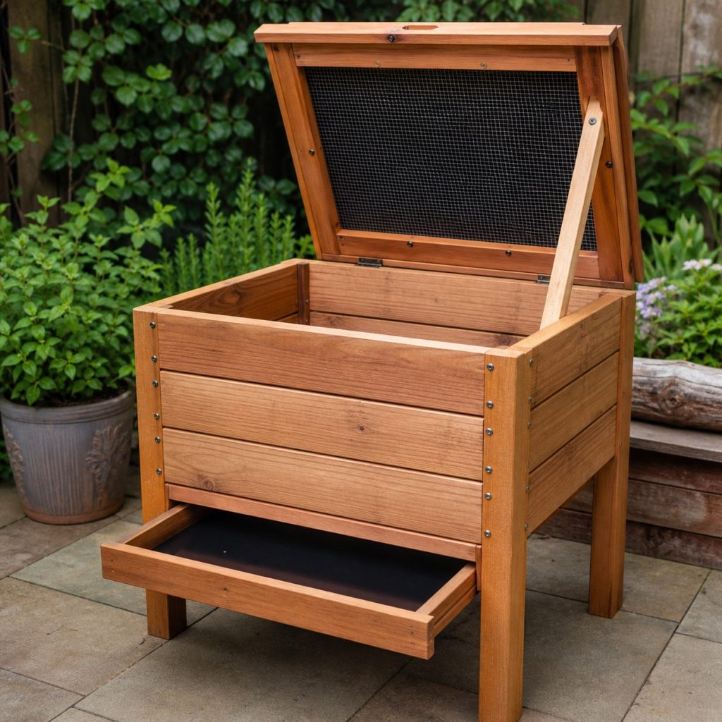 Close view of worm bin screened vent, removable moisture tray, smooth lid support, and sealed exterior wood