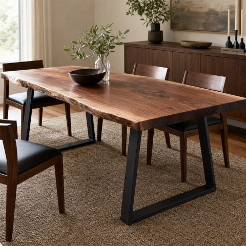 Live-Edge Walnut Dining Table With Trapezoid Steel Legs
