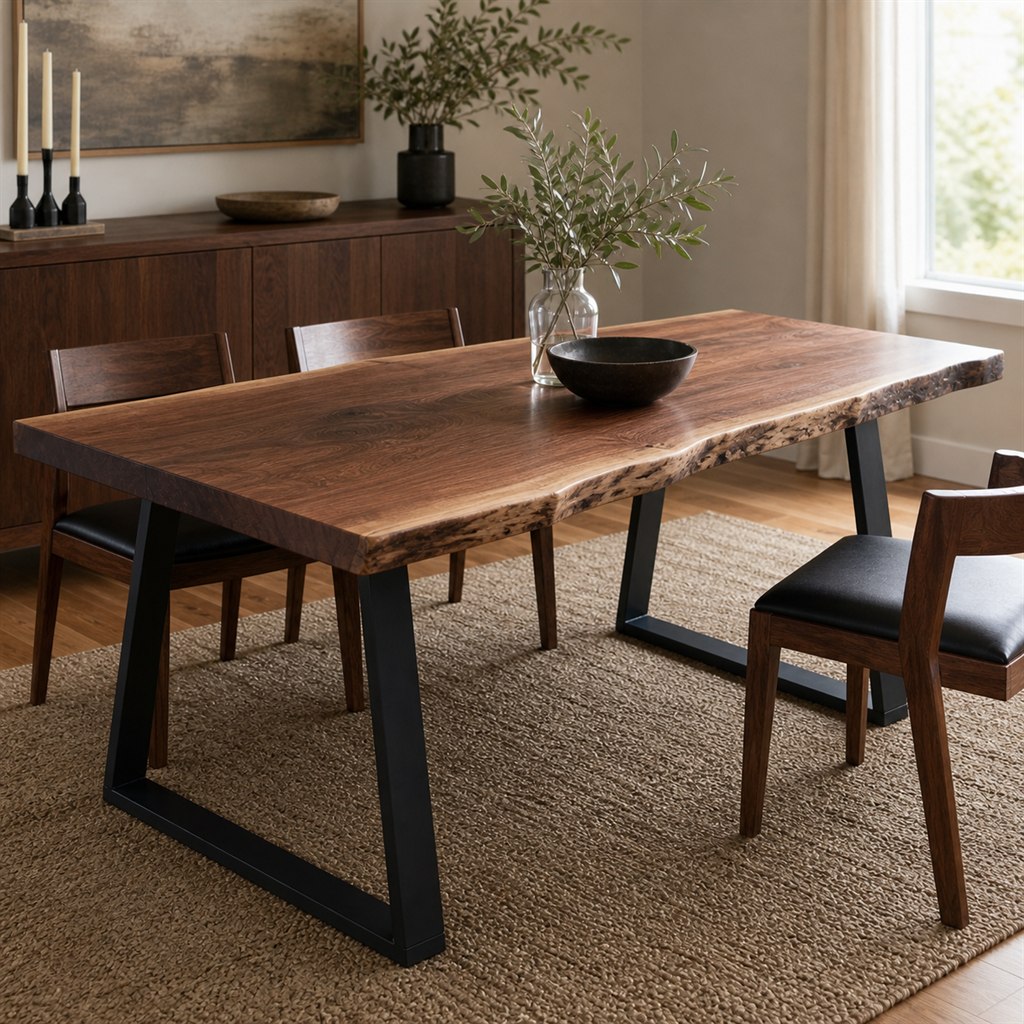 Live-Edge Walnut Dining Table With Trapezoid Steel Legs - alternate full view