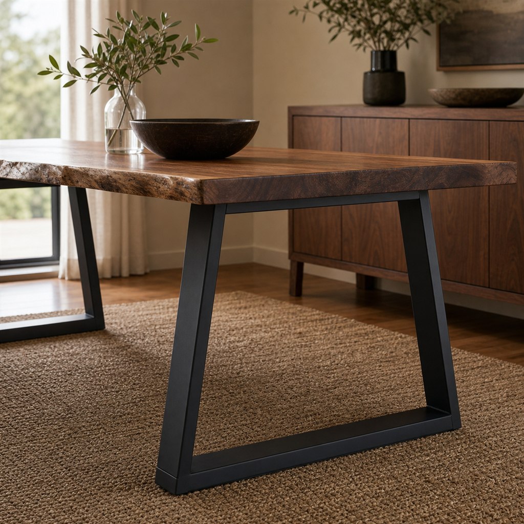 Live-Edge Walnut Dining Table With Trapezoid Steel Legs - steel-frame detail