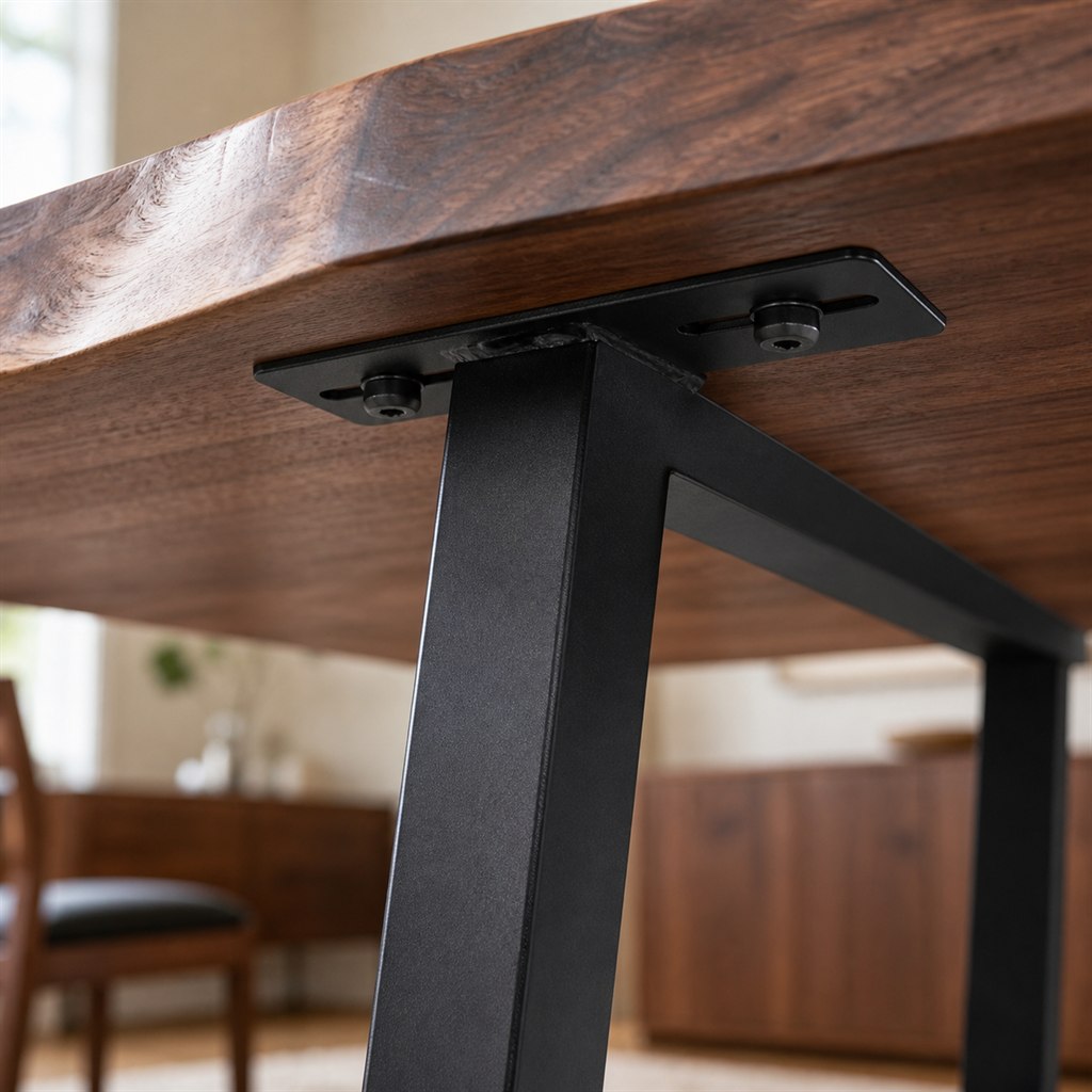 Live-Edge Walnut Dining Table With Trapezoid Steel Legs - wood-to-steel interface detail