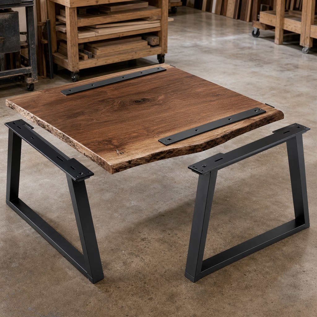 Live-Edge Walnut Dining Table With Trapezoid Steel Legs - workshop dry-assembly view