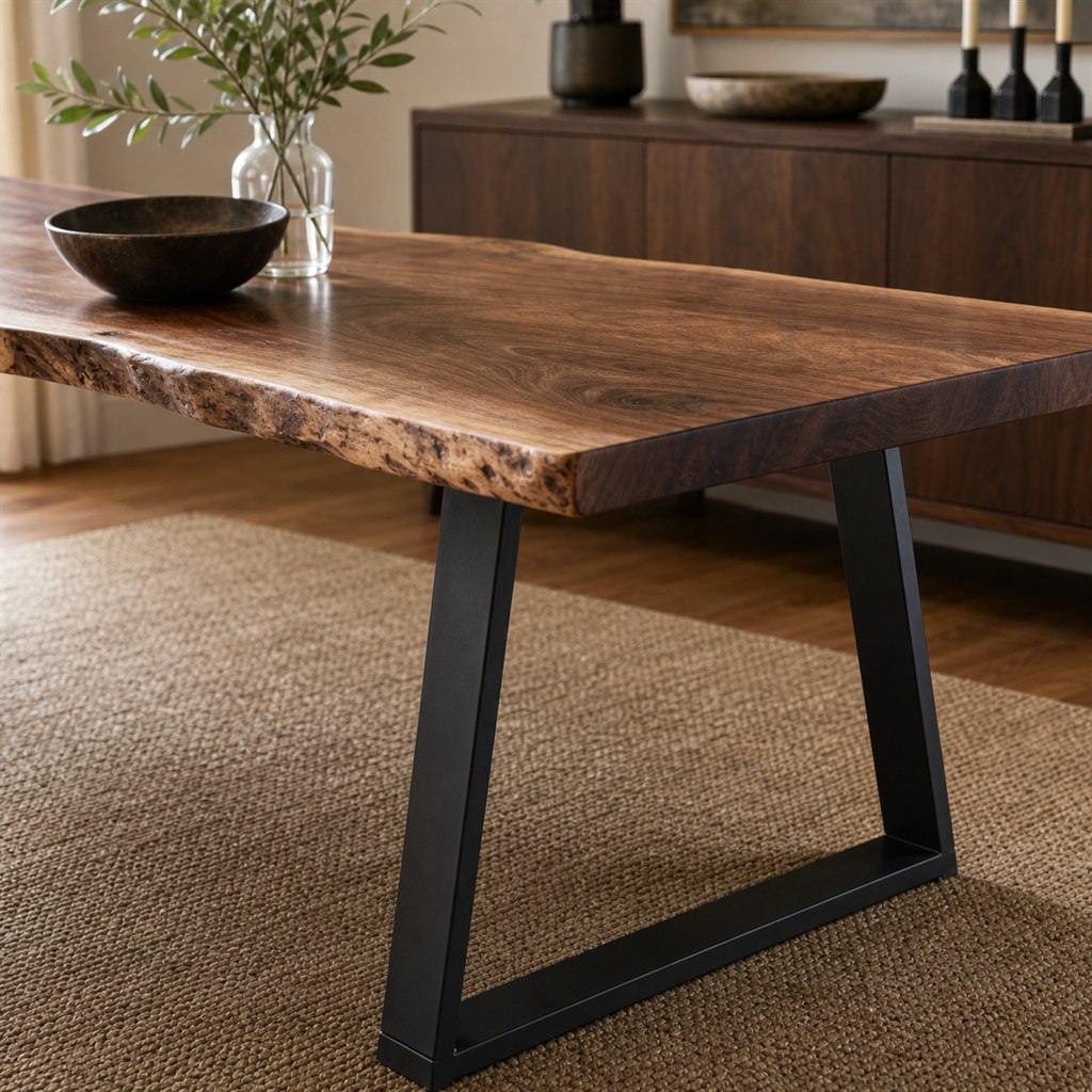 Live-Edge Walnut Dining Table With Trapezoid Steel Legs - finished material detail