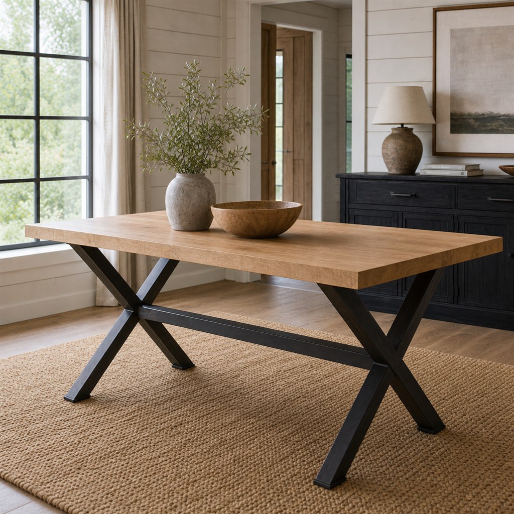 White Oak Dining Table With an Inset X-Frame Base - alternate full view