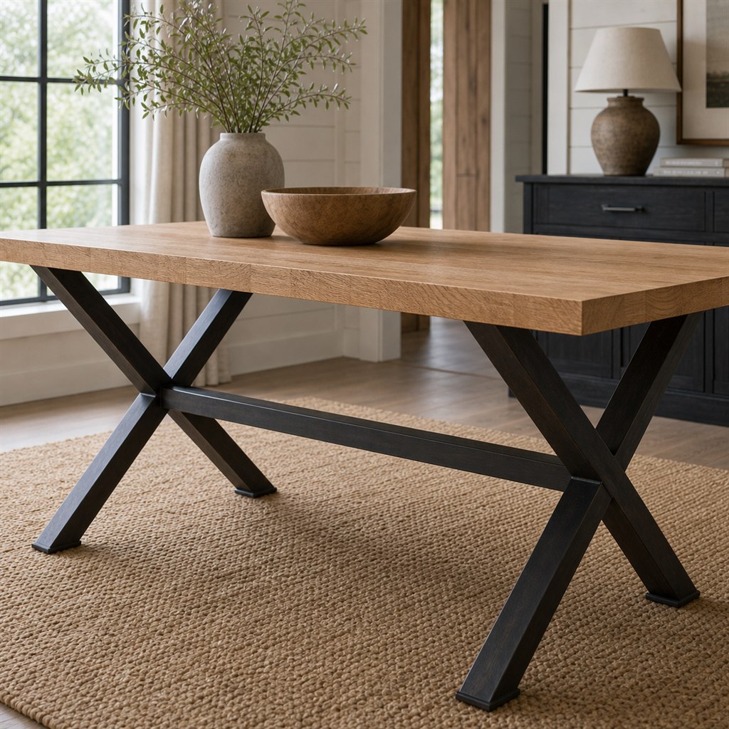 White Oak Dining Table With an Inset X-Frame Base - steel-frame detail