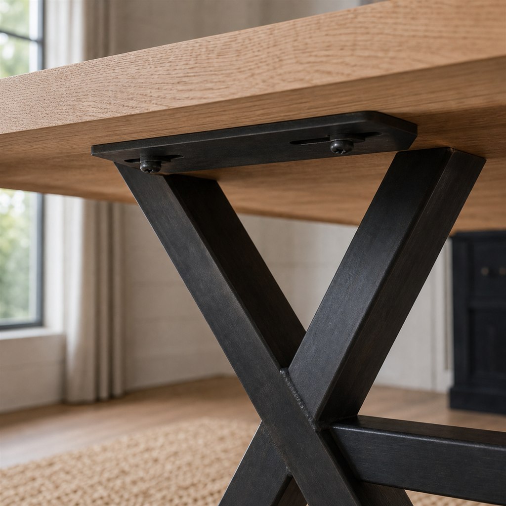 White Oak Dining Table With an Inset X-Frame Base - wood-to-steel interface detail