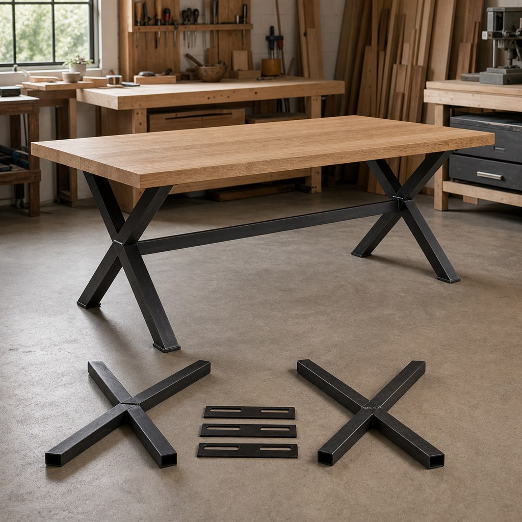 White Oak Dining Table With an Inset X-Frame Base - workshop dry-assembly view