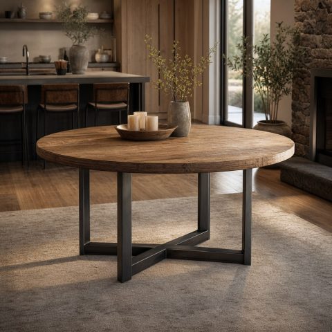 Reclaimed Elm Farm Table With Black Steel Trestles