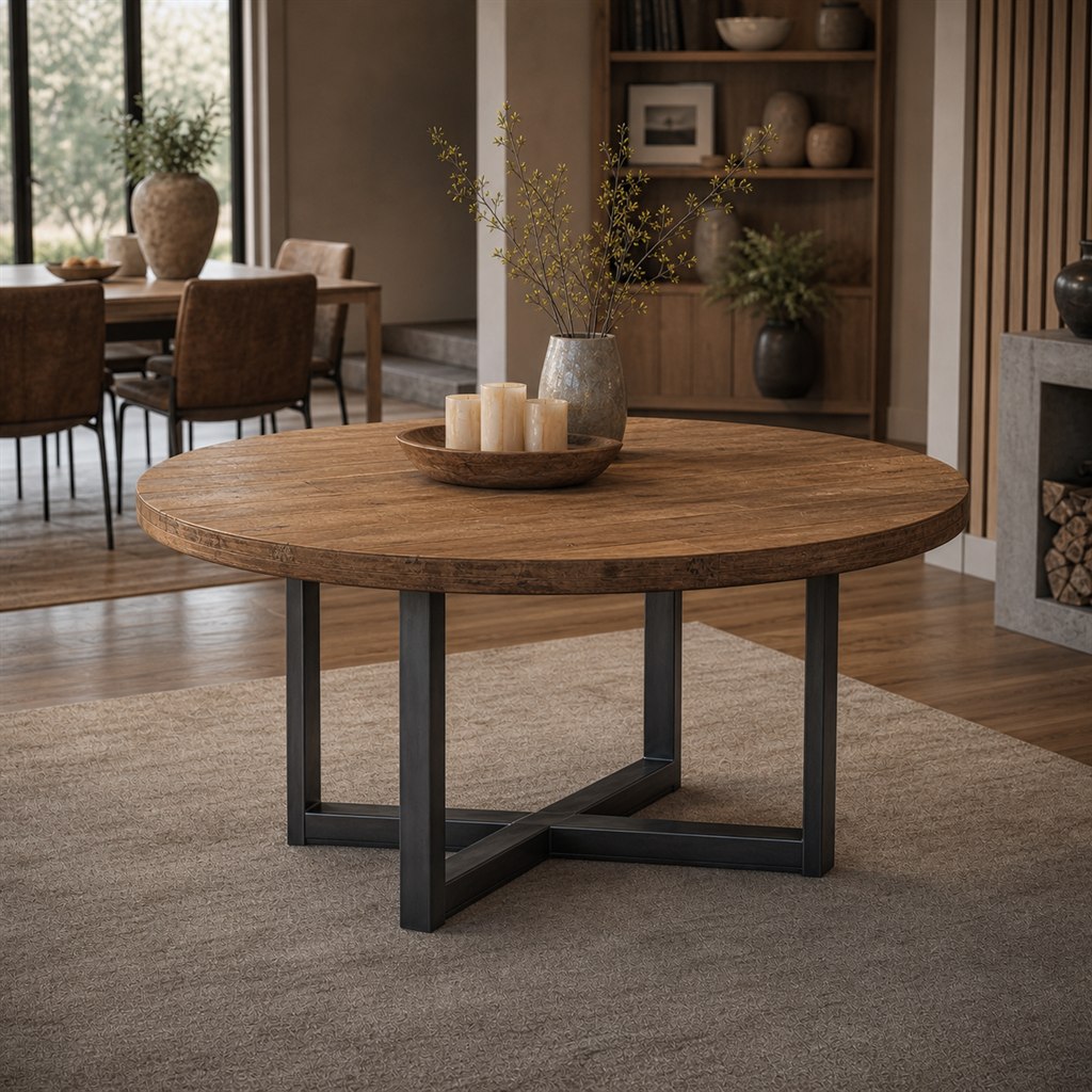 Reclaimed Elm Farm Table With Black Steel Trestles - alternate full view