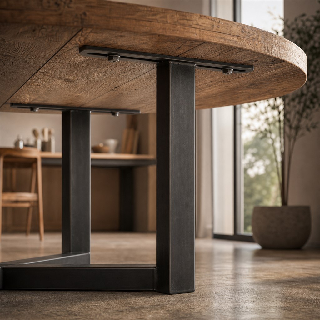 Reclaimed Elm Farm Table With Black Steel Trestles - wood-to-steel interface detail
