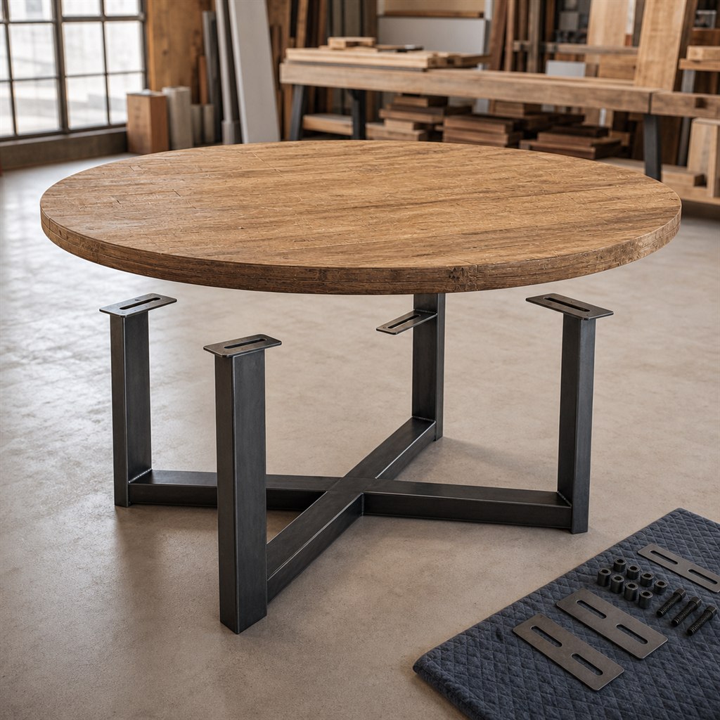 Reclaimed Elm Farm Table With Black Steel Trestles - workshop dry-assembly view