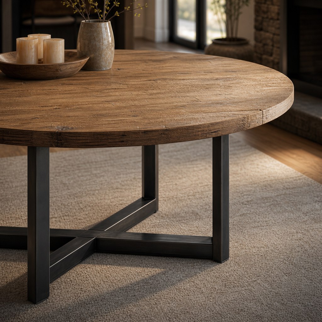 Reclaimed Elm Farm Table With Black Steel Trestles - finished material detail