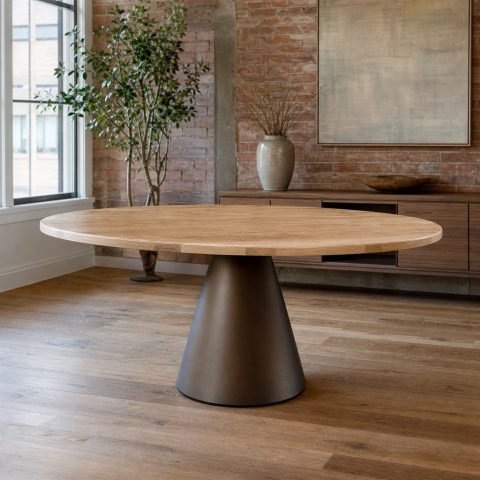 Round Ash Dining Table With a Conical Steel Pedestal