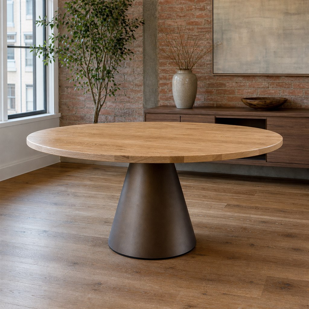 Round Ash Dining Table With a Conical Steel Pedestal - alternate full view