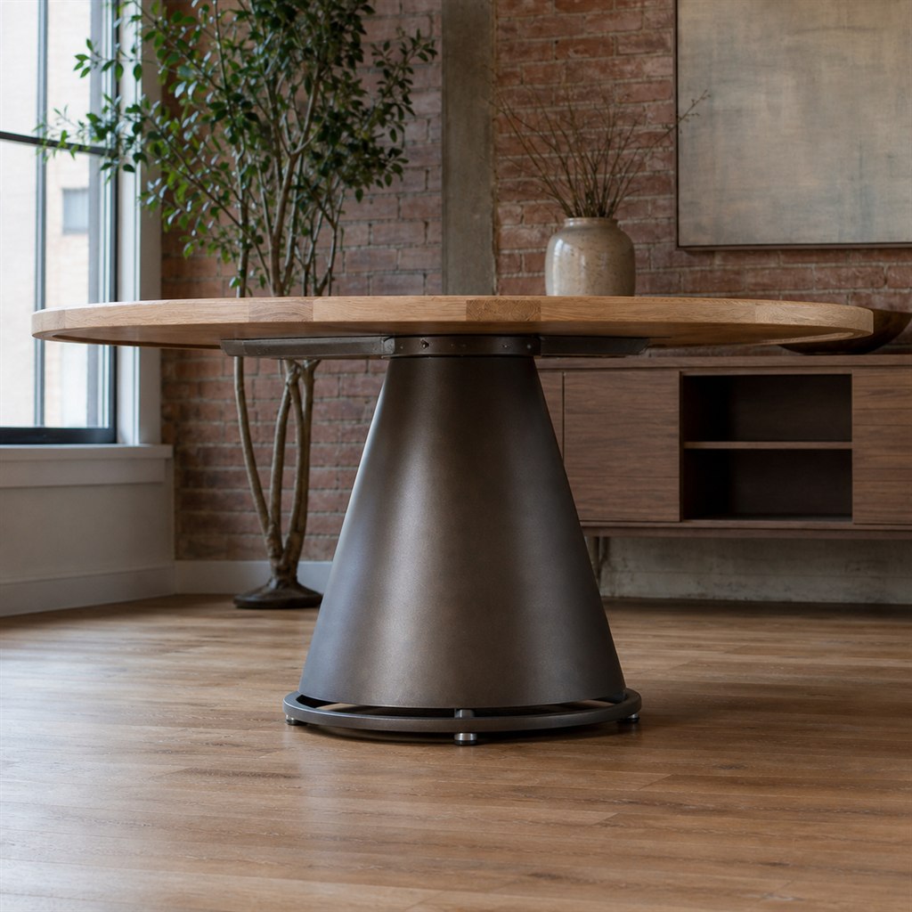 Round Ash Dining Table With a Conical Steel Pedestal - steel-frame detail