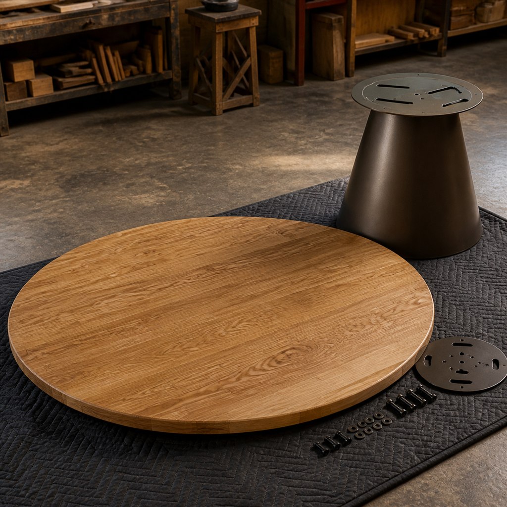 Round Ash Dining Table With a Conical Steel Pedestal - workshop dry-assembly view