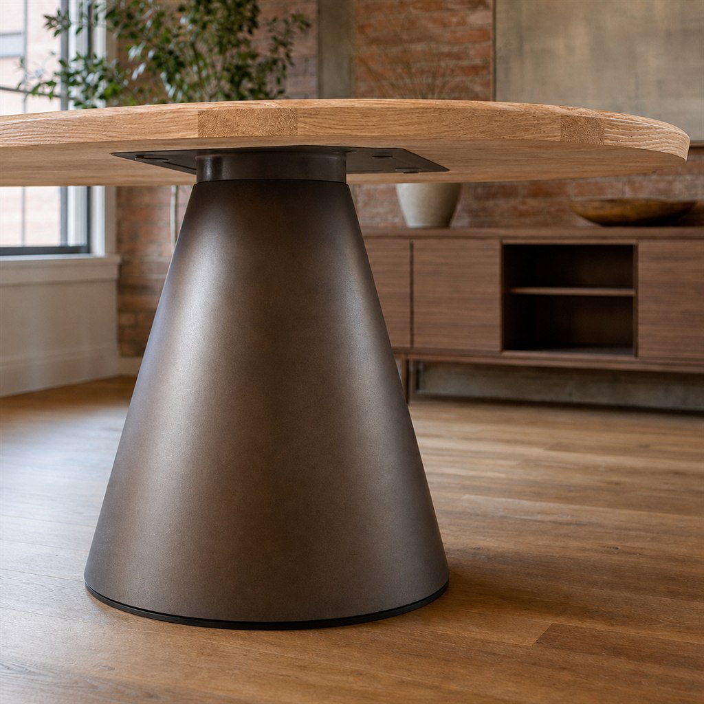 Round Ash Dining Table With a Conical Steel Pedestal - finished material detail