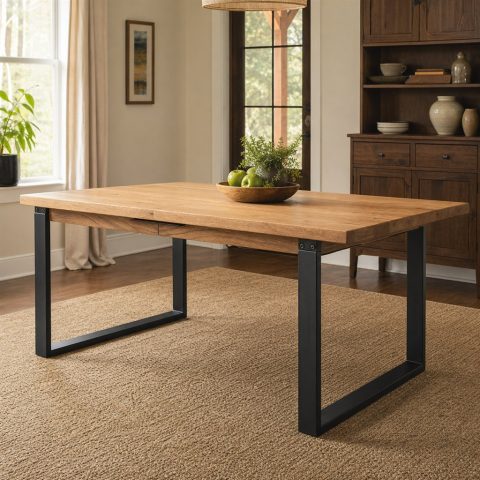 Extendable Oak Dining Table With a Telescoping Steel Frame