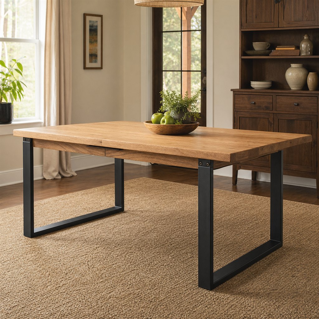 Extendable Oak Dining Table With a Telescoping Steel Frame